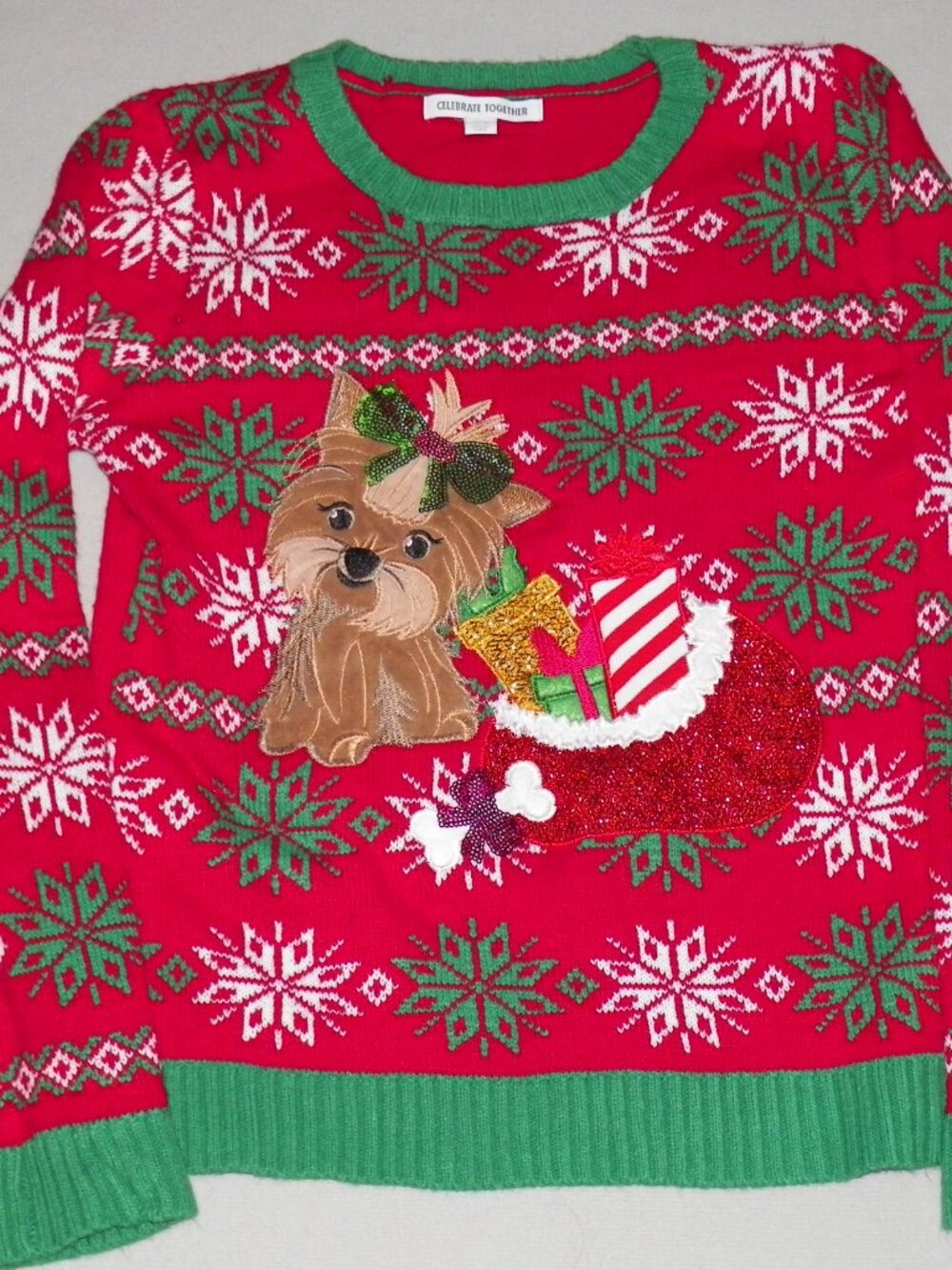 Celebrate Together Girls XL (14/16) Red Yorkie Christmas Sweater